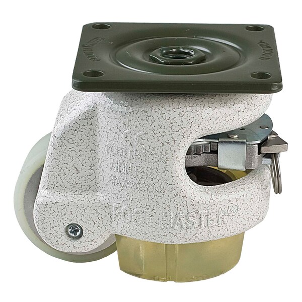 Leveling Caster, Ratchet, 50 mm PU Wheel, 73x73 mm Plate, Swivel, 250 kg Cap, PU Foot Pad, Ivory
